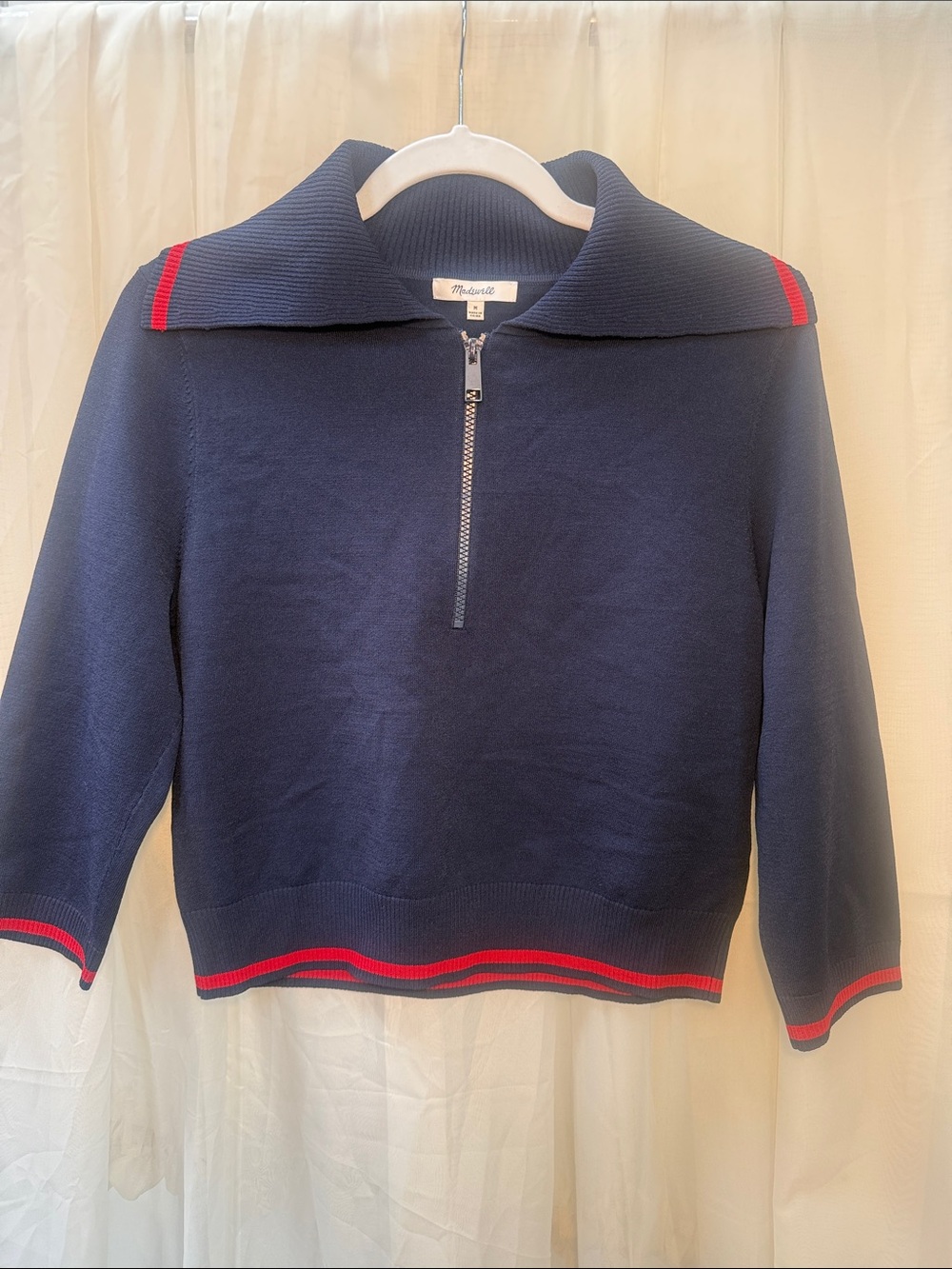 Madewell Navy V-Neck Half-Zip Sweater with Red Trim